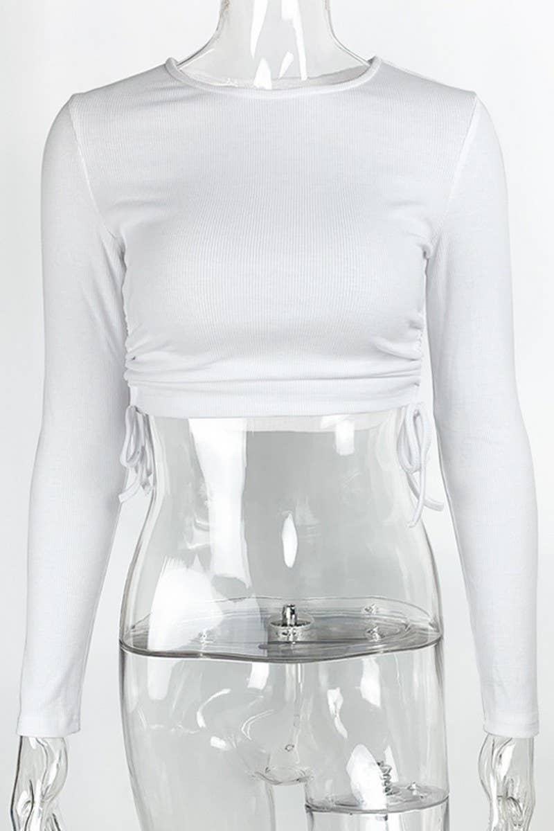 CWTBLL3778_RIBBED DRAWSTRING LONG SLEEVE T-SHIRT CROPPED TOP