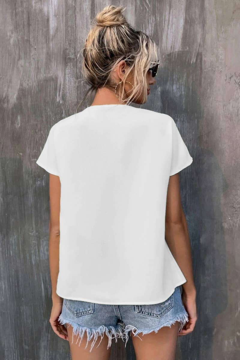 CWTBLS1130_SHORT SLEEVE LACE-UP EMBROIDERED BAT SLEEVE TOP