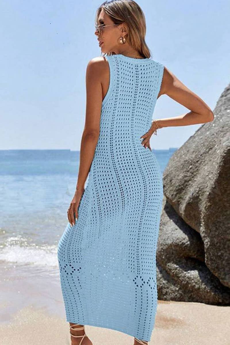 CWDHL0645_SOLID COLOR KNIT HOLLOW LONG VEST DRESS