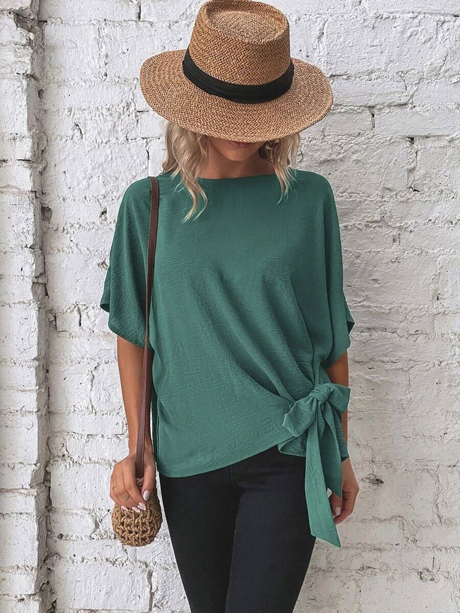 BATWING SLEEVED HEM KNOT LOOSE BLOUSE