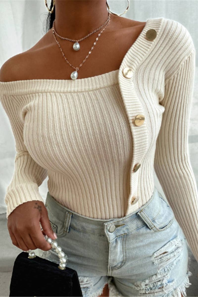 CWOSWL4862_FALL WINTER FASHION PATCHWORK BUTTON UP SWEATER