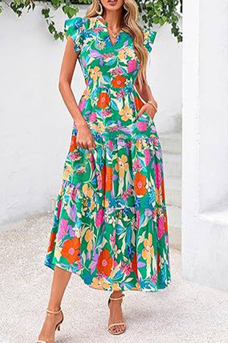 CWDMD6342_V-NECK PLEATED FLYING SLEEVES PRINTED MIDI DRESS