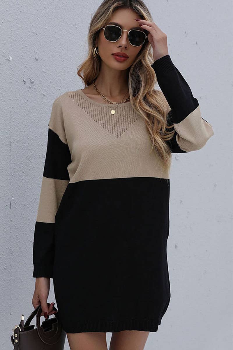 CWDSD7051_ROUND NECK LOOSE KNITTED PATCHWORK SWEATER DRESS