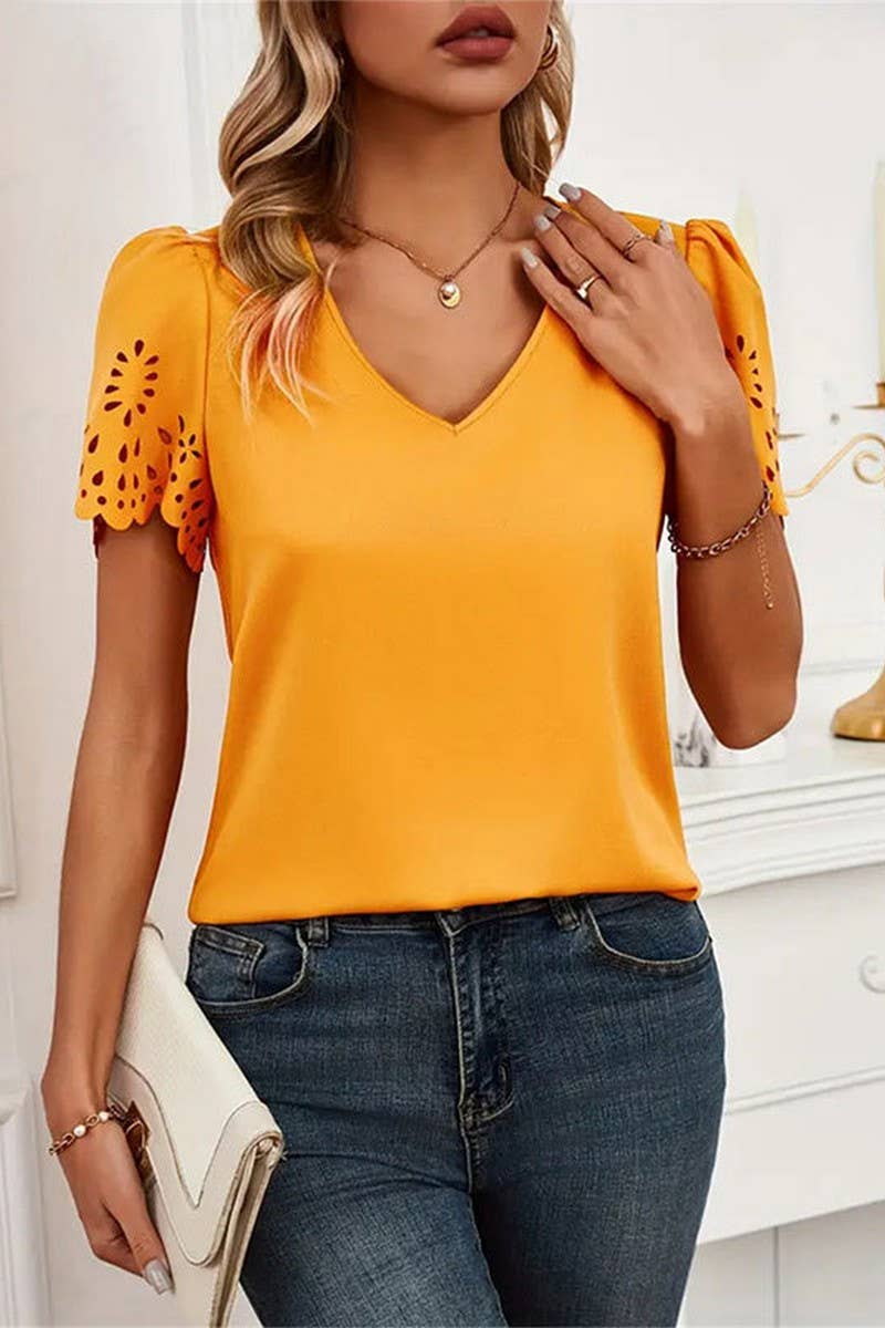 CWTTS1403_V-NECK COMMUTER HOLLOW SHORT-SLEEVED TOP