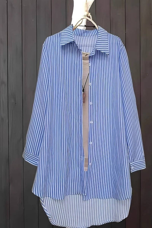 CWTBLL3878_AUTUMN AND WINTER LAPEL BUTTON STRIPED PLAID SHIR