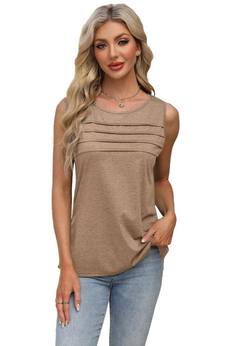 CWTBLSL0668_SOLID COLOR U-NECK PLEATED VEST T-SHIRT TOP