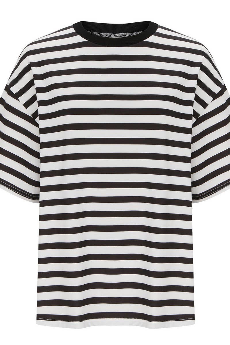 CWTTS1079_CASUAL ROUND NECK STRIPED PRINTED T-SHIRT