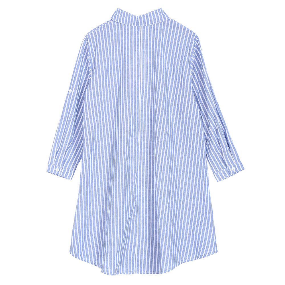 Casual mid-length dress with belted blue stripes