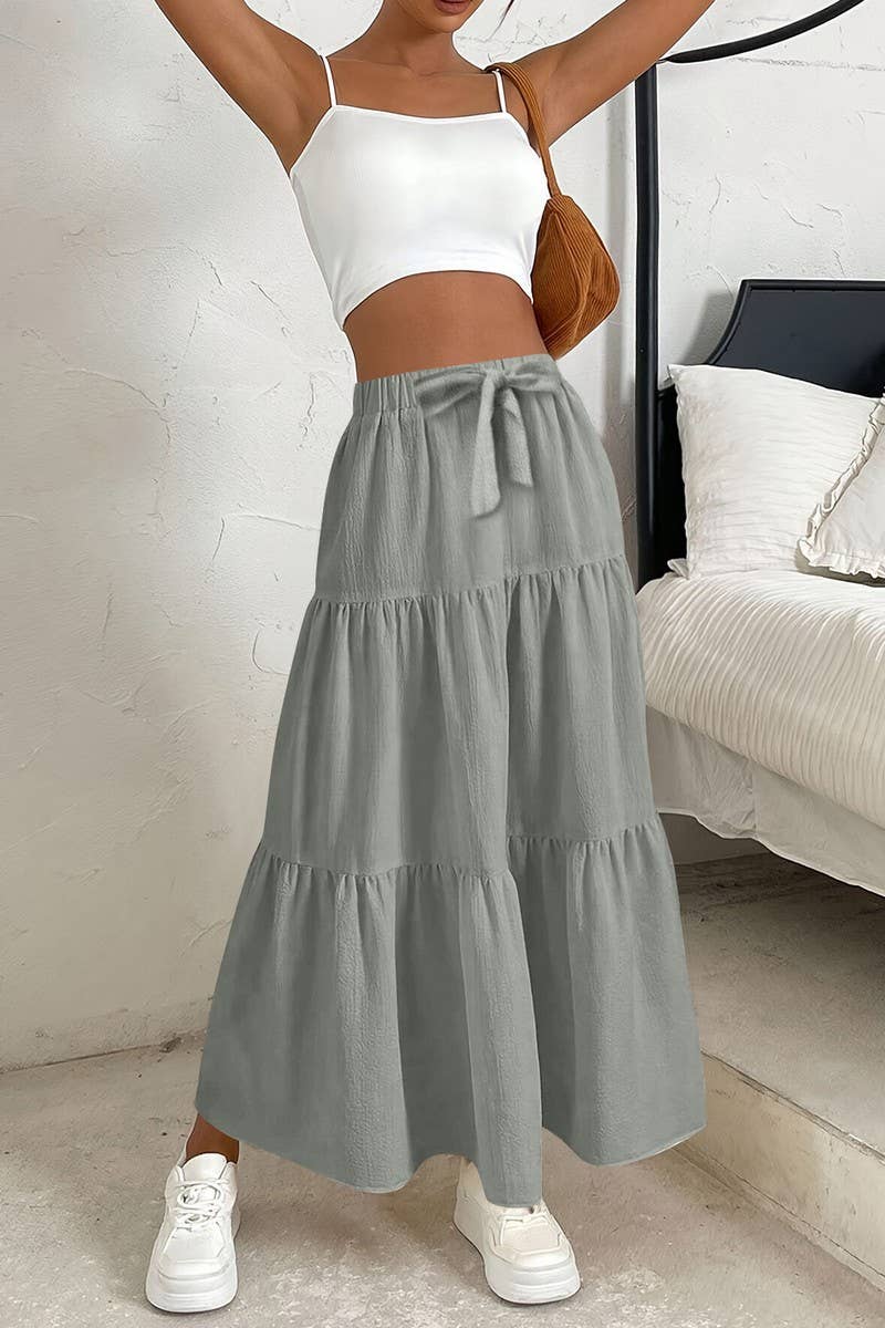 CWBLS0559_BOW WAIST TIERED SOLID MIDI SKIRT