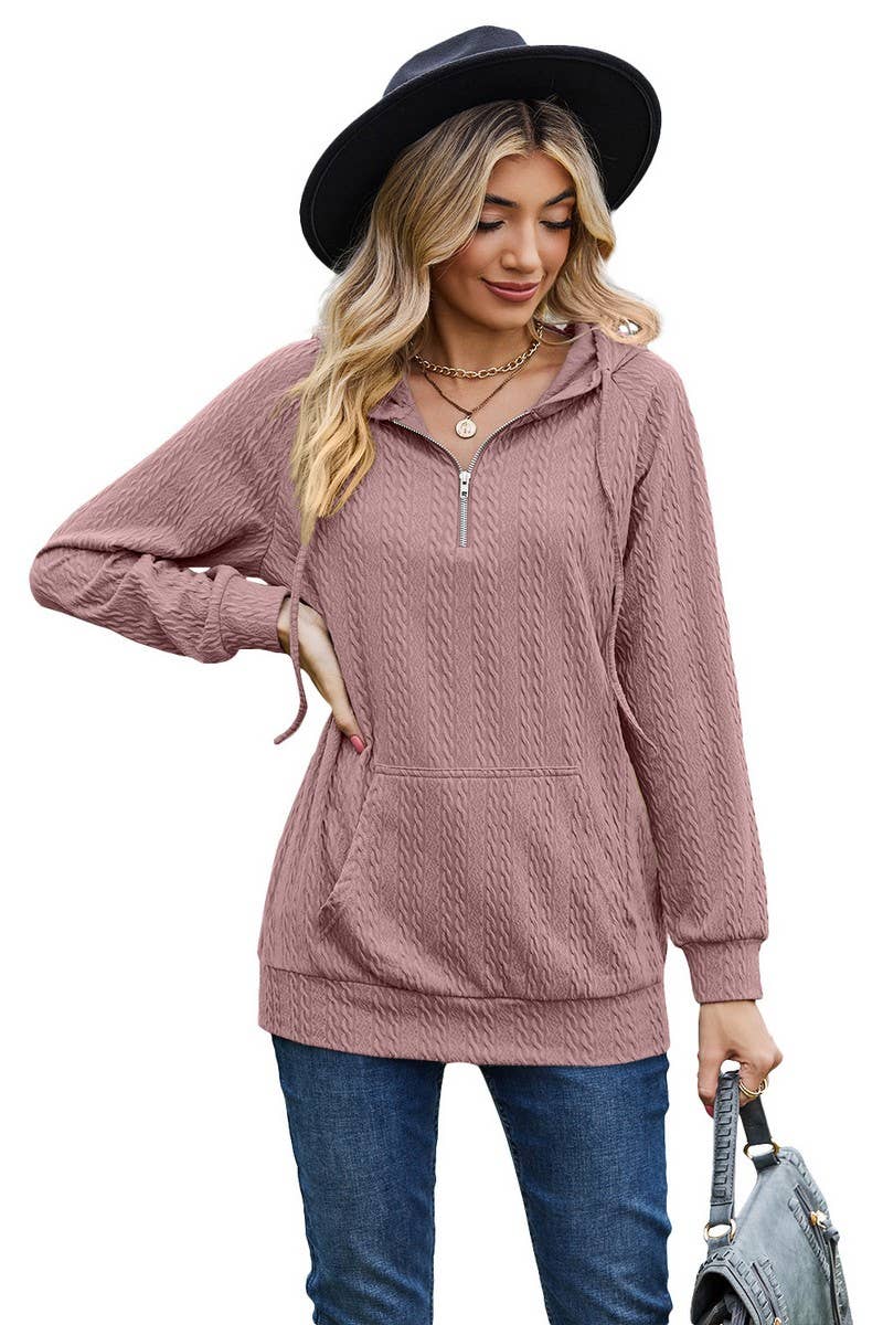 CWOHOL1094_HOODED ZIPPER LOOSE LONG SLEEVE SWEATSHIRT