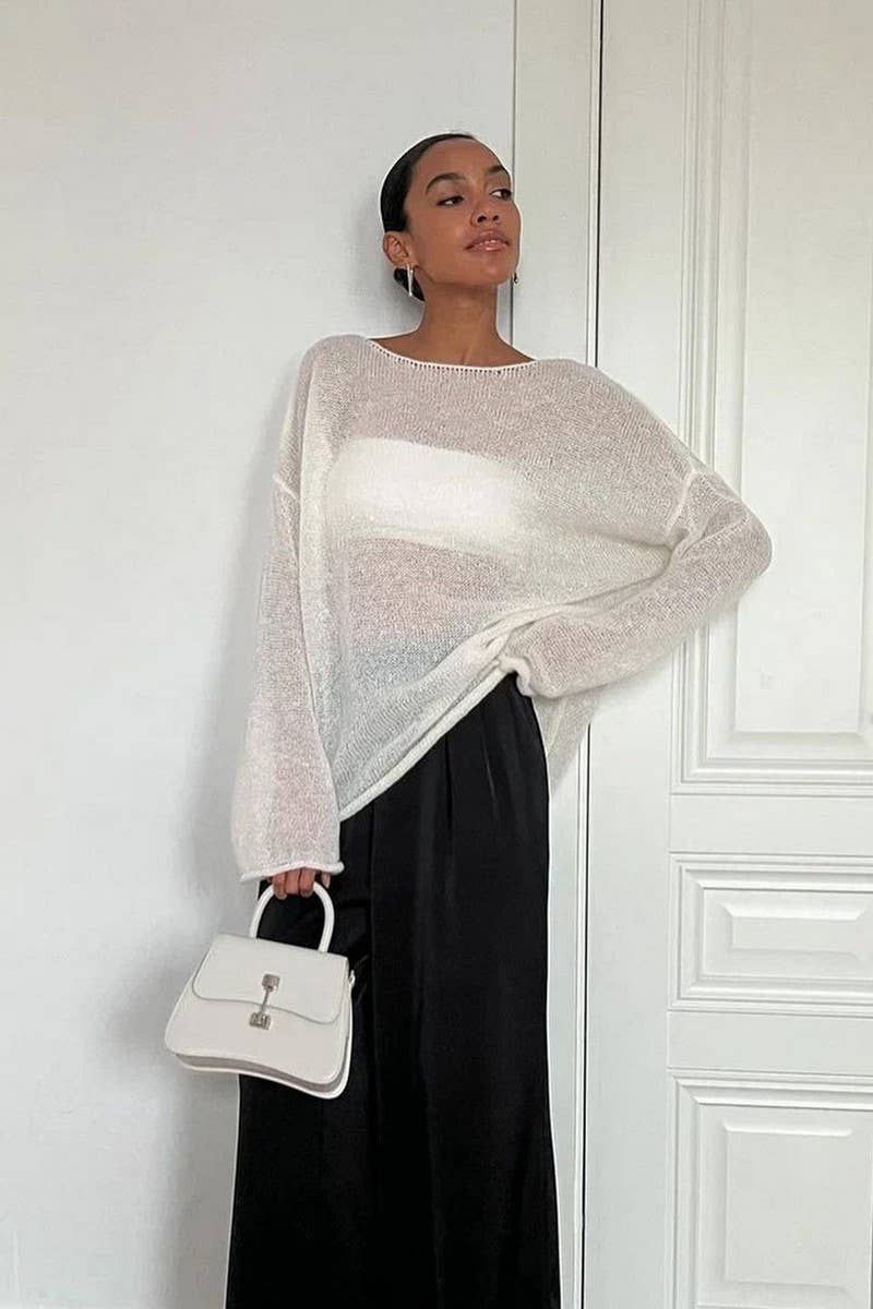 CWTBLL3453_SOLID COLOR SEE-THROUGH LONG-SLEEVED T-SHIRT