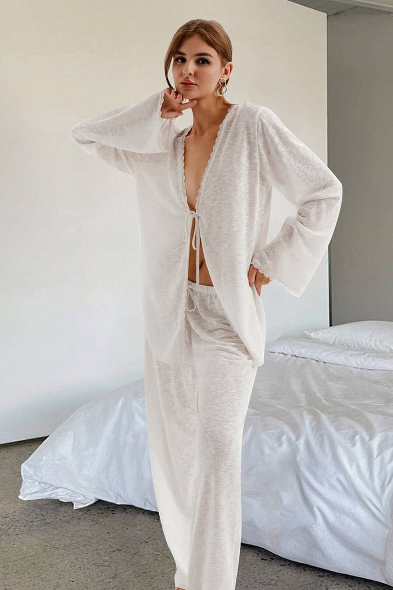 CWSPJ0173_KNITTED LACE-UP LONG SLEEVE PANTS PAJAMA SET