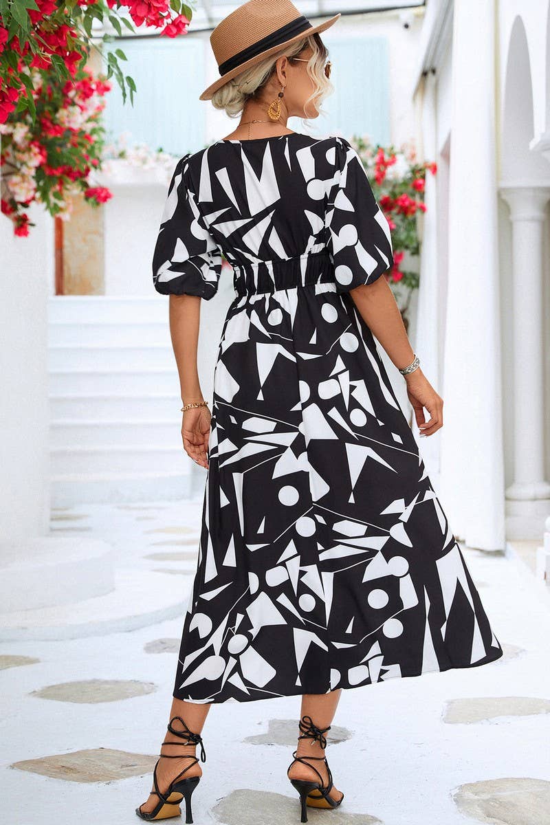 CWDMD2751_V NECK GEOMETRIC PRINT DRESS