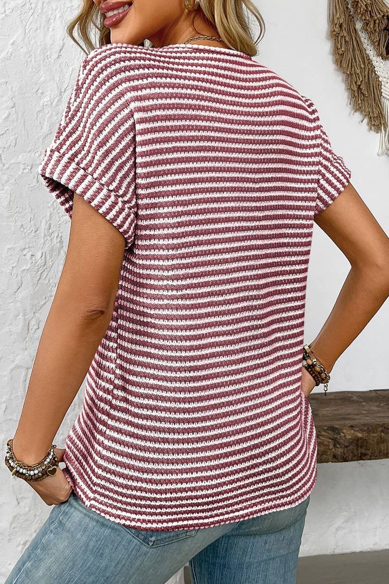 CWTBLS1622_V-NECK LOOSE STRIPED PULLOVER SHORT-SLEEVED TOP
