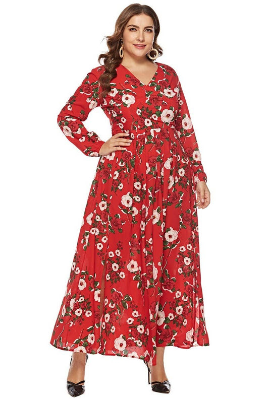CWDMD3235_PLUS SIZE V NECK LONG SLEEVE PRINTED DRESS