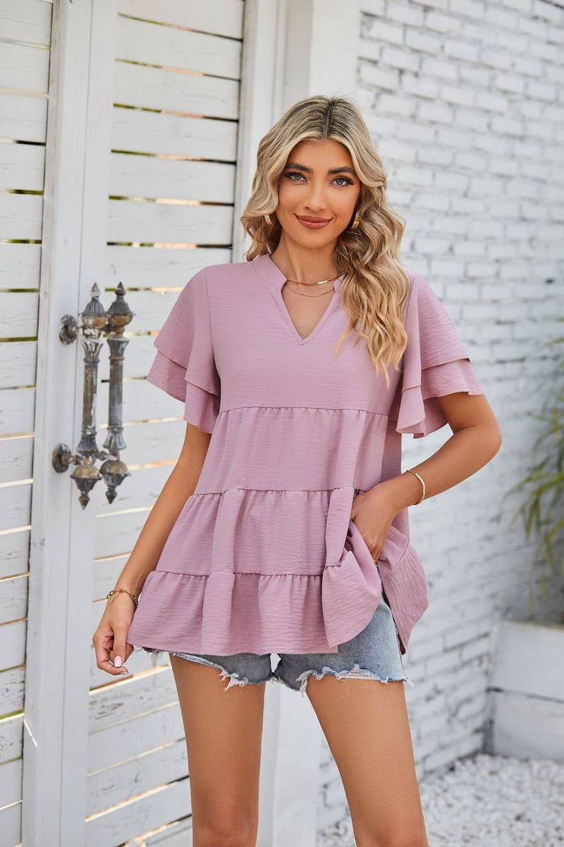 CWTBLS1602_V-NECK DOUBLE-SLEEVE SWEET BABYDOLL SHIRT TOP