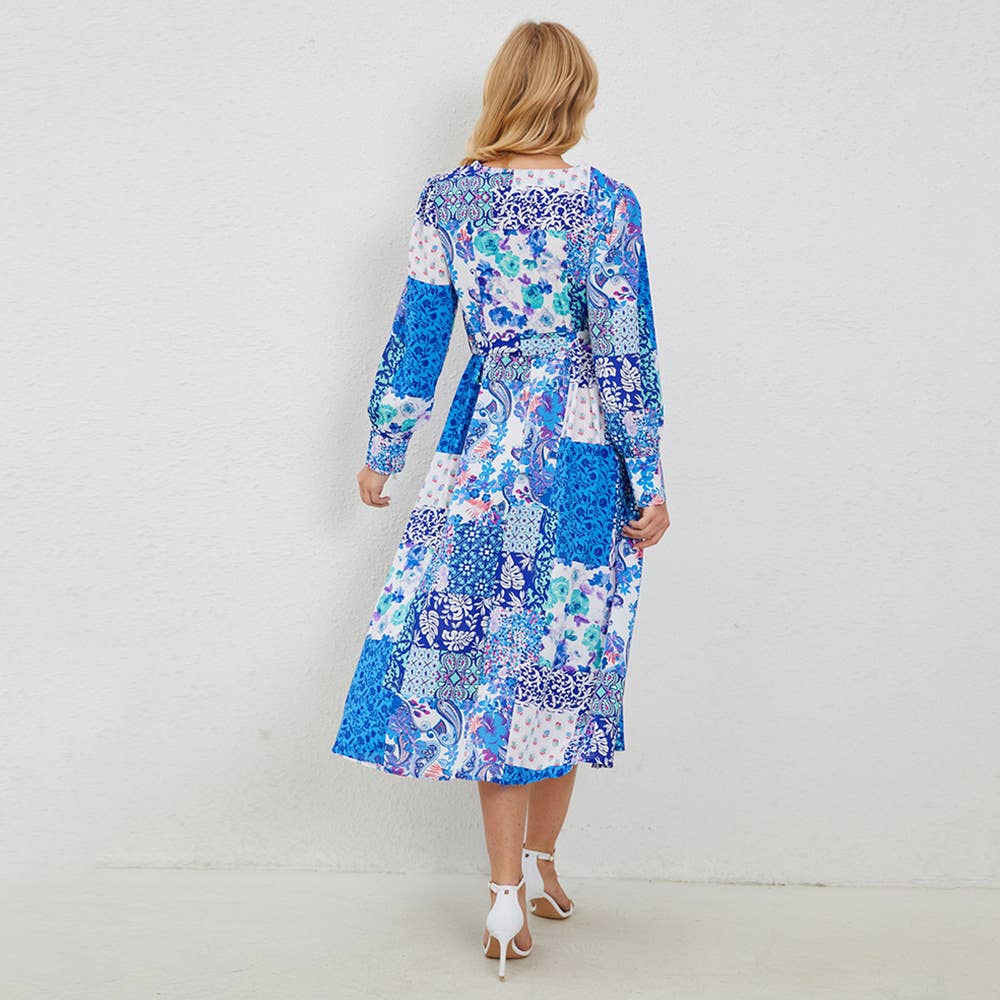 ABSTRACT PRINTED BELT A-LINE LONG-SLEEVED DRESS