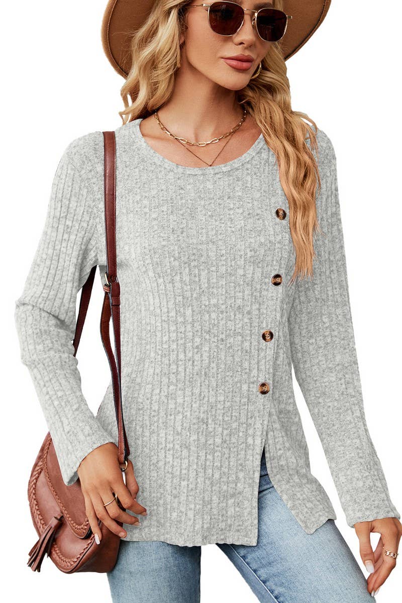 CWTBLL2408_ROUND NECK BUTTON SLIT LOOSE LONG SLEEVE TOP
