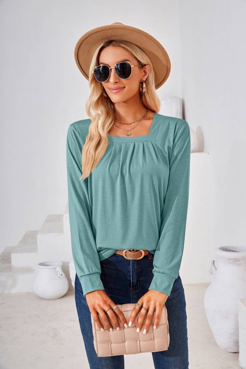CWTBLL2796_FALL SQUARE NECK PLEATED LONG SLEEVE TOP