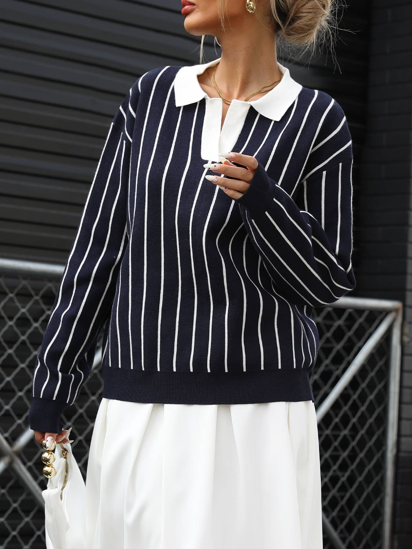 College casual street lapel striped sweater