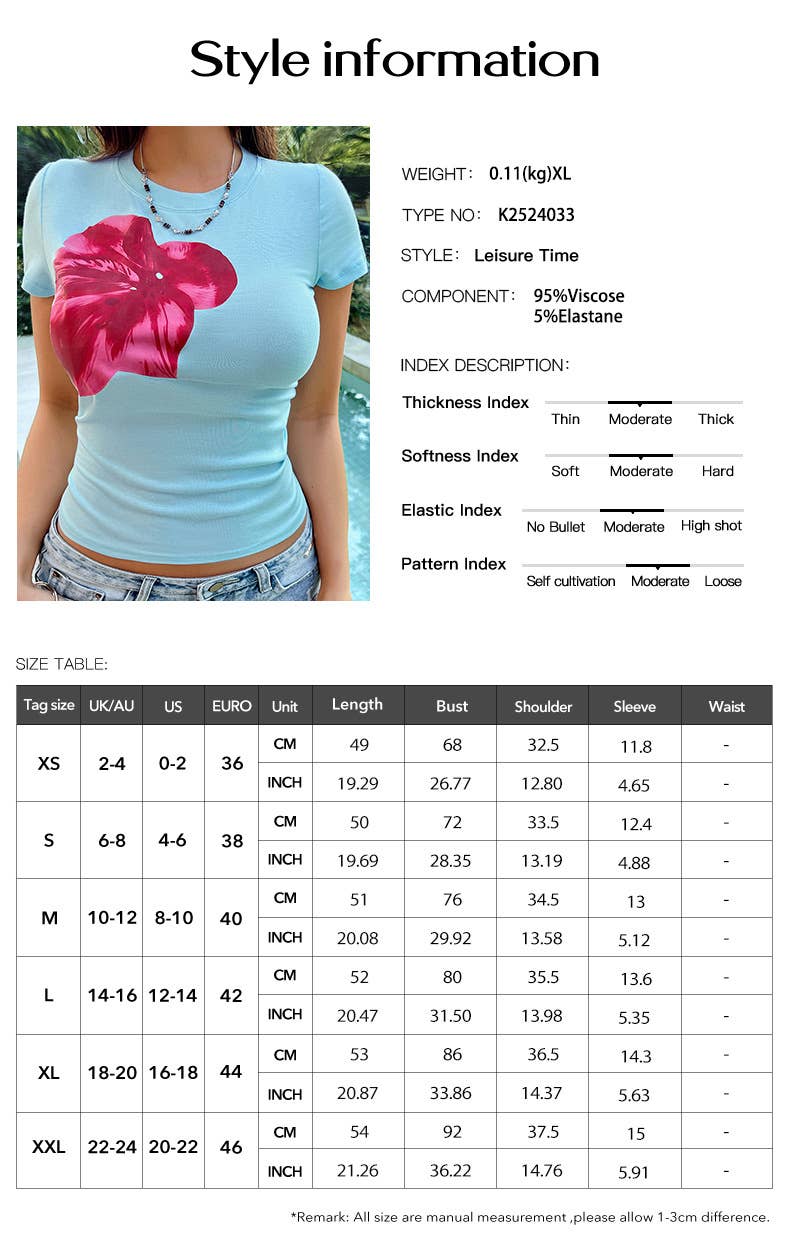 Casual slim waist floral print short-sleeved Top