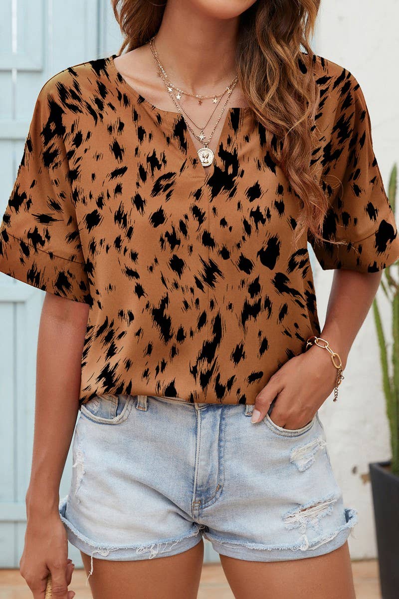 CWTBLS0346_V-Neck Short Sleeve Print Top