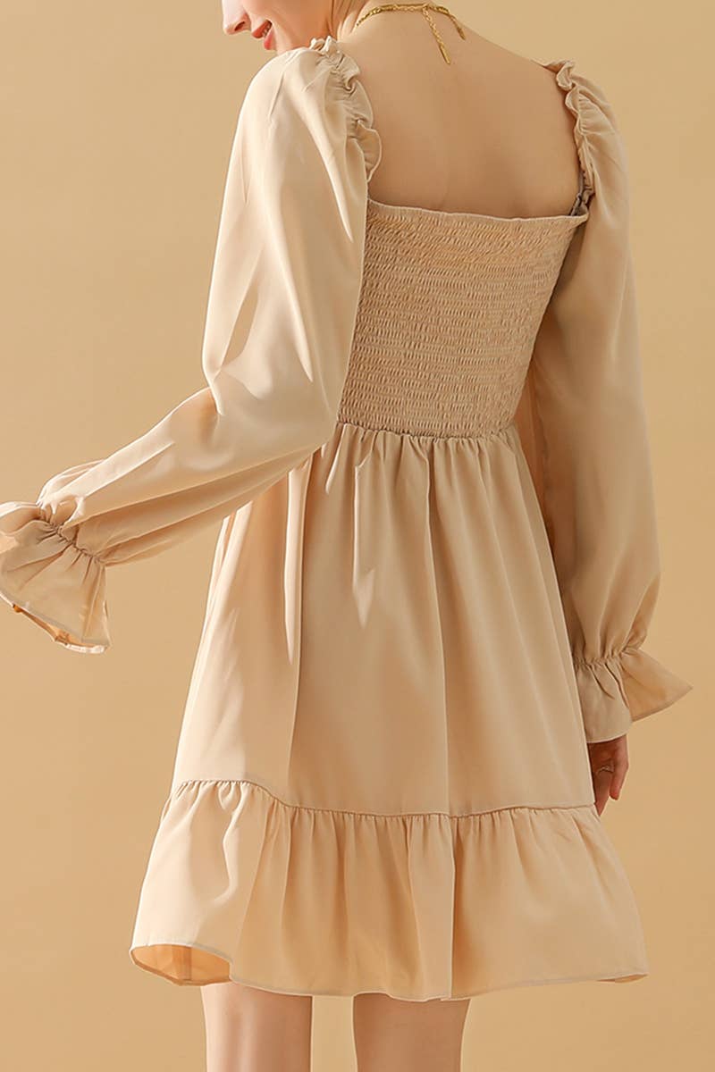 CWDSD10342_RUFFLE HIGH WAIST LONG SLEEVE CASUAL DRESS