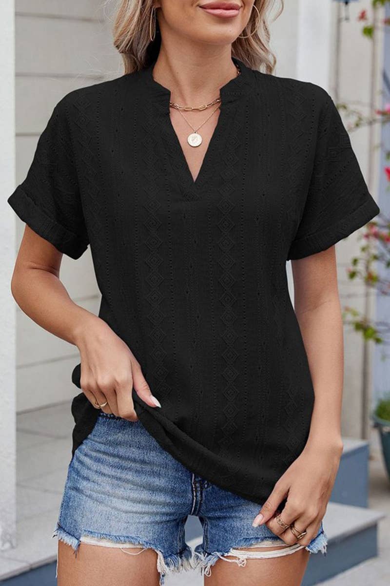 CWTTS1335_SUMMER JACQUARD V-NECK SHORT SLEEVE LOOSE T-SHIRT