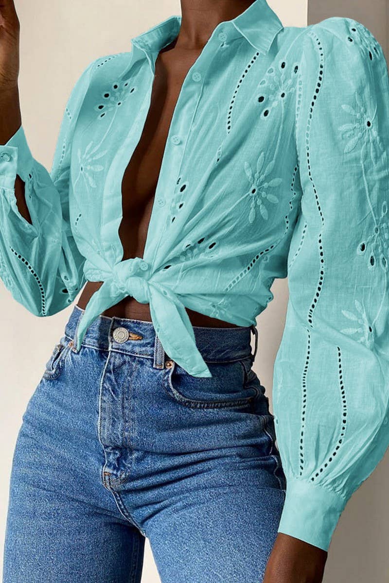 CWTSTL01000_CASUAL LOOSE HOLLOW OUT PUFF SLEEVE  TOP