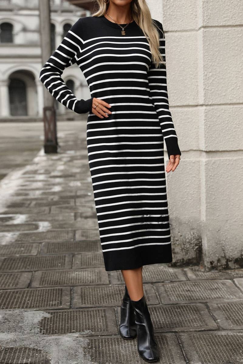 CWDMD4023_ROUND NECK LONG SLEEVE STRIPED DRESS LONG STYLE