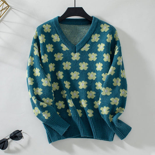 Floral jacquard V-neck pullover sweater
