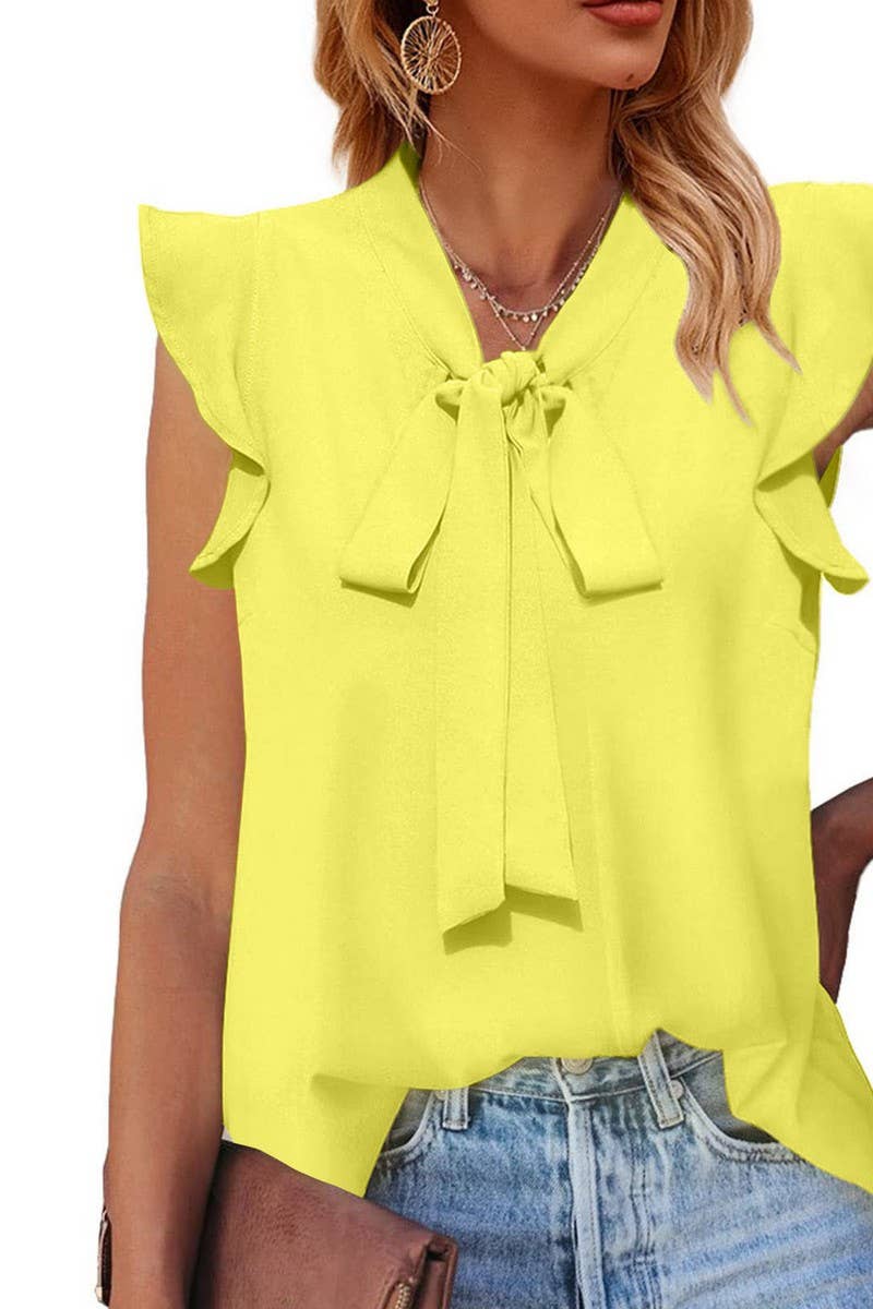 CWTTSL0520_SUMMER V-NECK LOTUS SLEEVE SOLID COLOR SHIRT