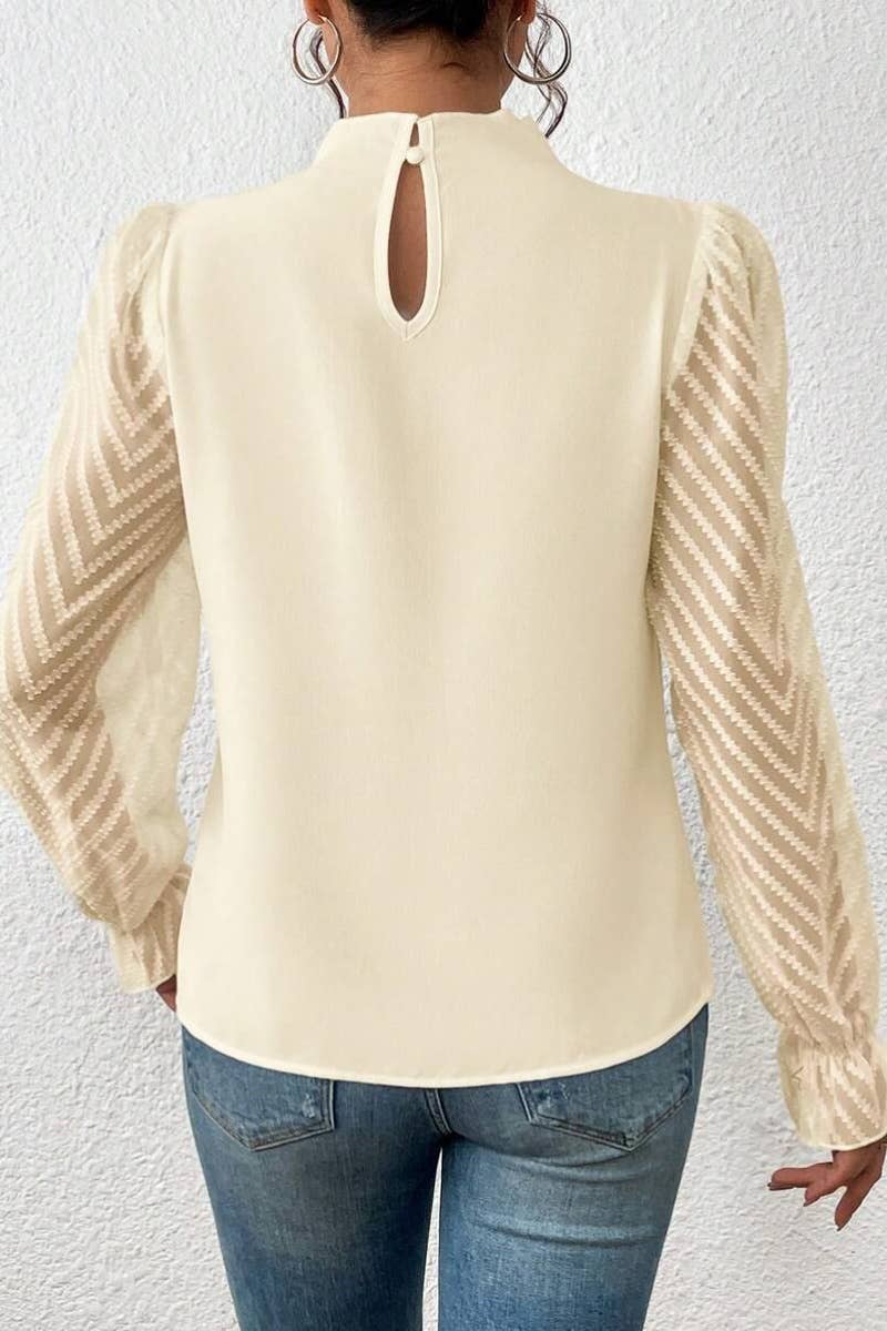 CWTBLL2546_FALL TURTLENECK MESH PATCHWORK LONG SLEEVE TOP