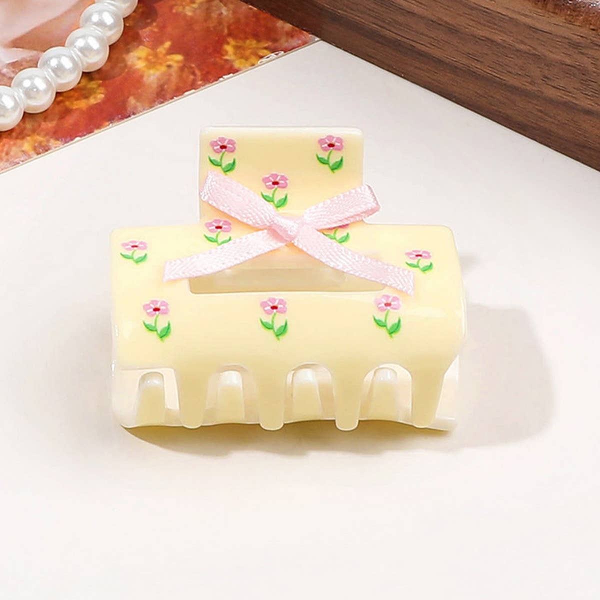 Floral Butterfly Hair Claw - Cream Print Clip