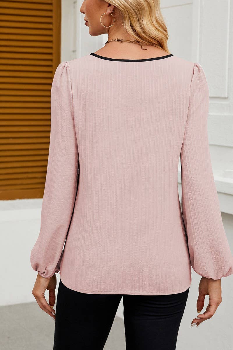 CWTBLL4010_COLORBLOCK V-NECK PUFF SLEEVE BLOUSE