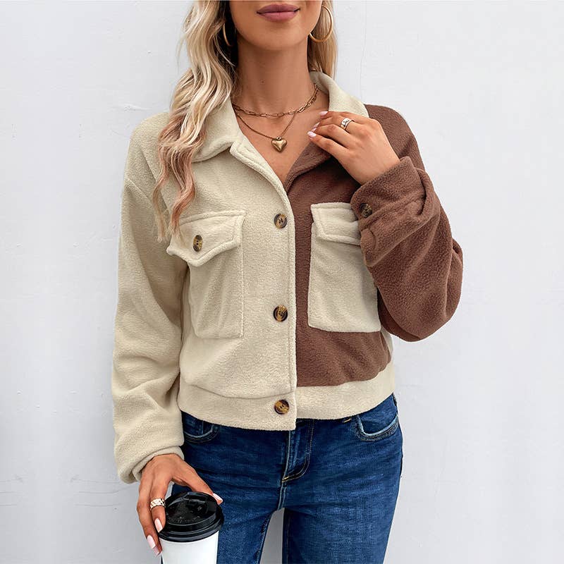 Color matching lapel short polar fleece jacket