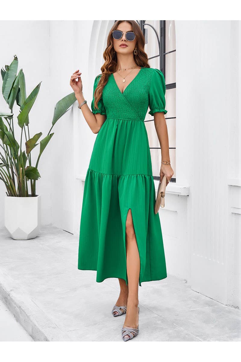 CWDMD2403_V-Neck Smocking Short Sleeve Split Midi Dress