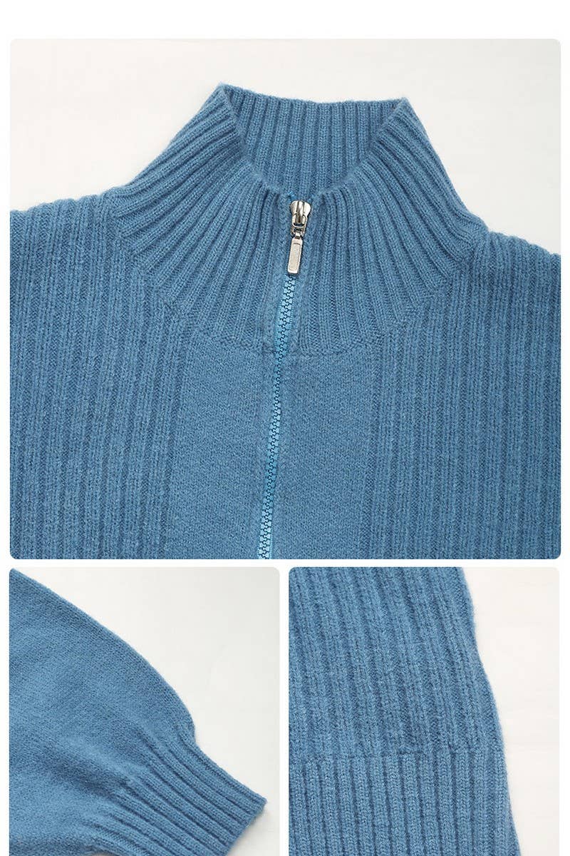 CWOCAL1107_STAND COLLAR ZIPPER CARDIGAN KNITTED SWEATER COAT