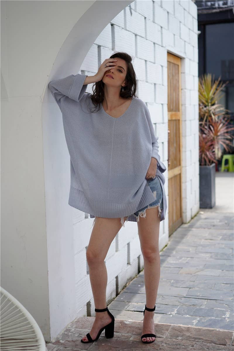 CWOSWL1417_V-Neck Long Sleeve Pullover Sweater