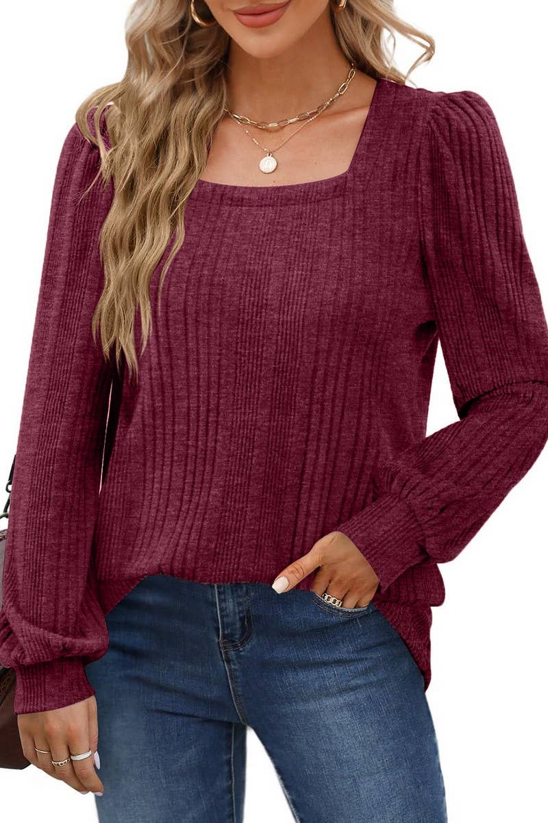 CWTBLL01084_RIBBED SQUARE NECK CASUAL LONG SLEEVE TOP