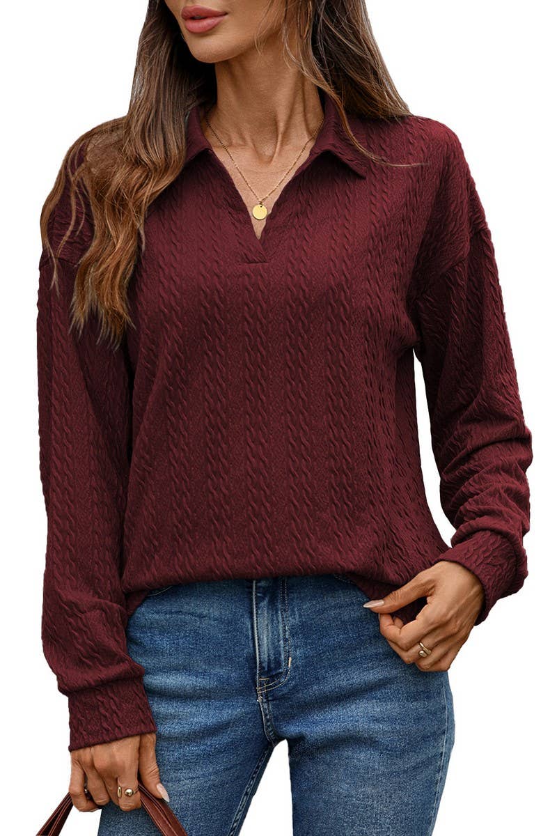 CWTBLL01307_V NECK CABLE KNIT SOLID LONG SLEEVE TEE