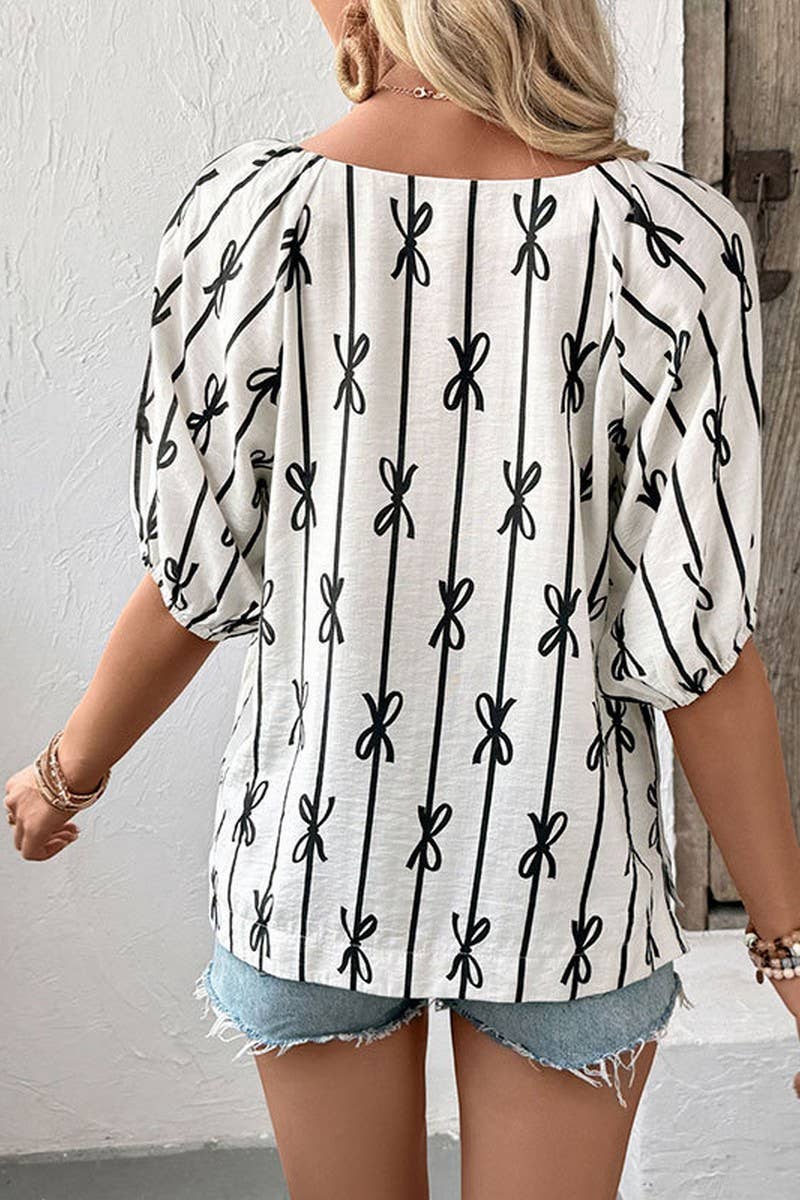 CWTBLS2134_PUFF SLEEVE SQUARE NECK BOW TIE STRIPE SHIRT