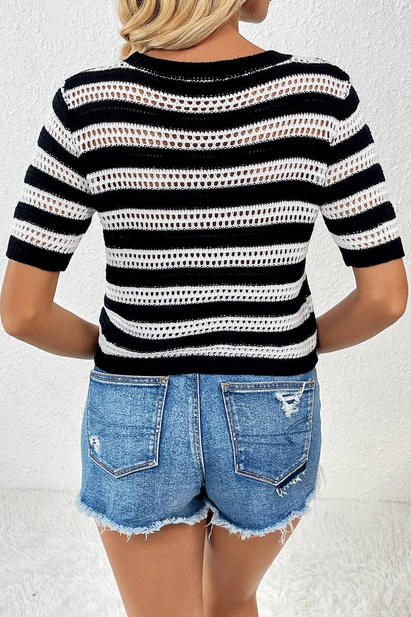 CWOSWS0043_Round Neck Short Sleeve Striped Knit Sweater