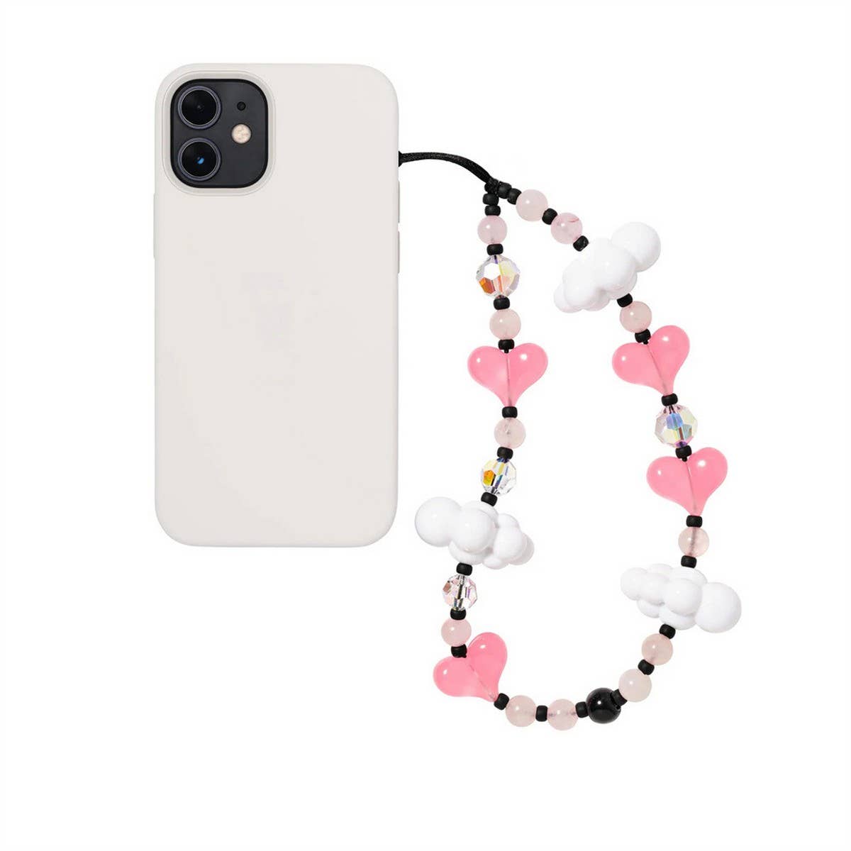 CWMM8725_WHITE CLOUD HEART BEADED MOBILE PHONE CHAIN