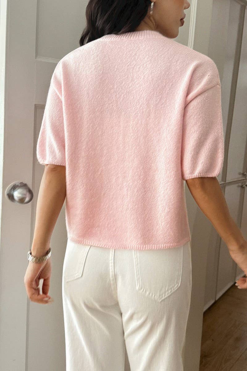 CWOSWS00158_SOLID COLOR SHORT-SLEEVED PULLOVER KNITTED TOP