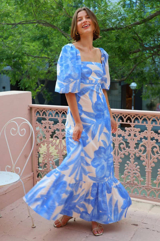 CWDMD5183_SQUARE NECK FLORAL PRINT LANTERN SLEEVE DRESS