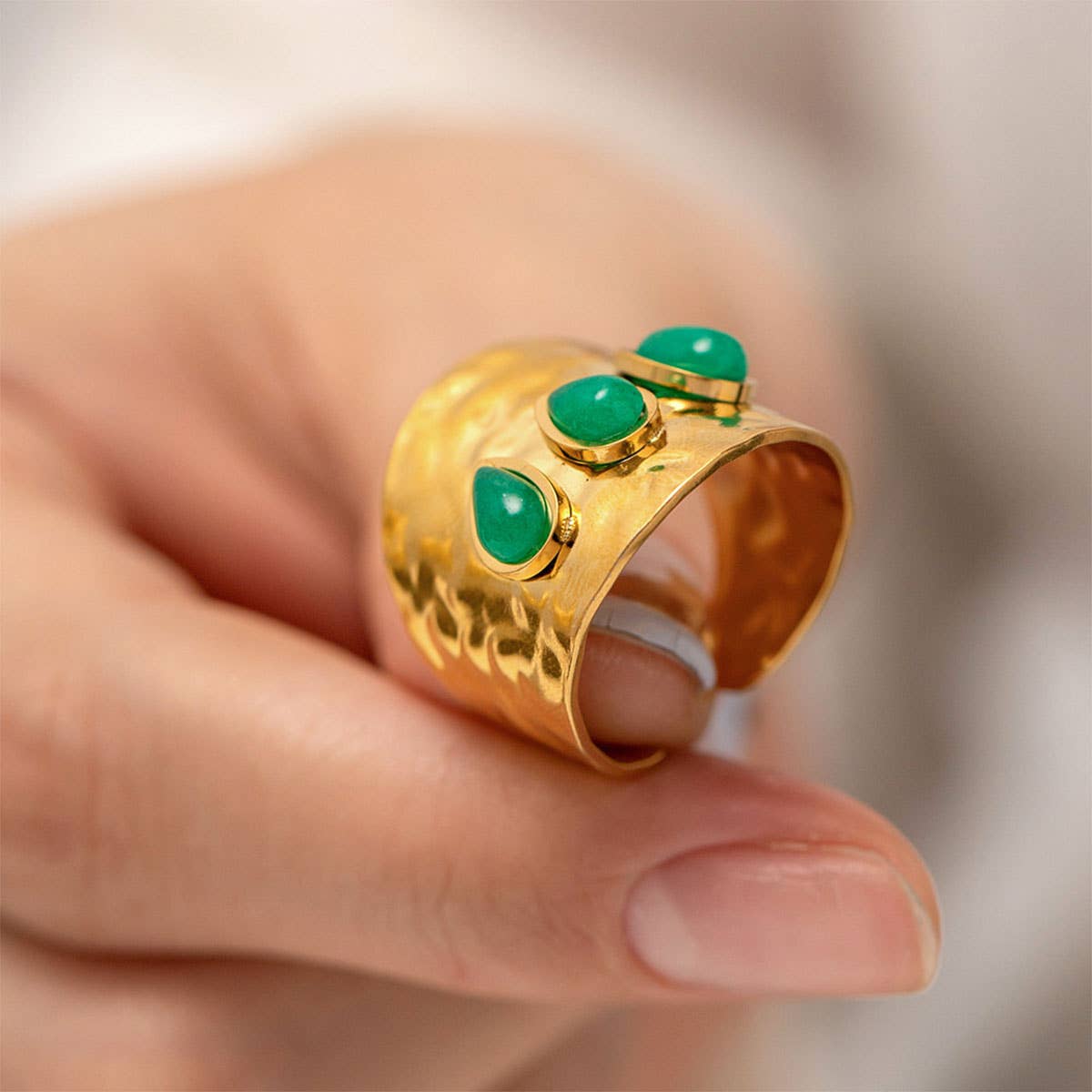 GREEN NATURAL STONE WIDE RINGS STAINLESS STEEL