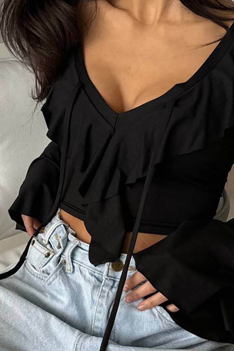 CWTBLL3449_SOLID COLOR V-NECK RUFFLED LONG-SLEEVED TOP