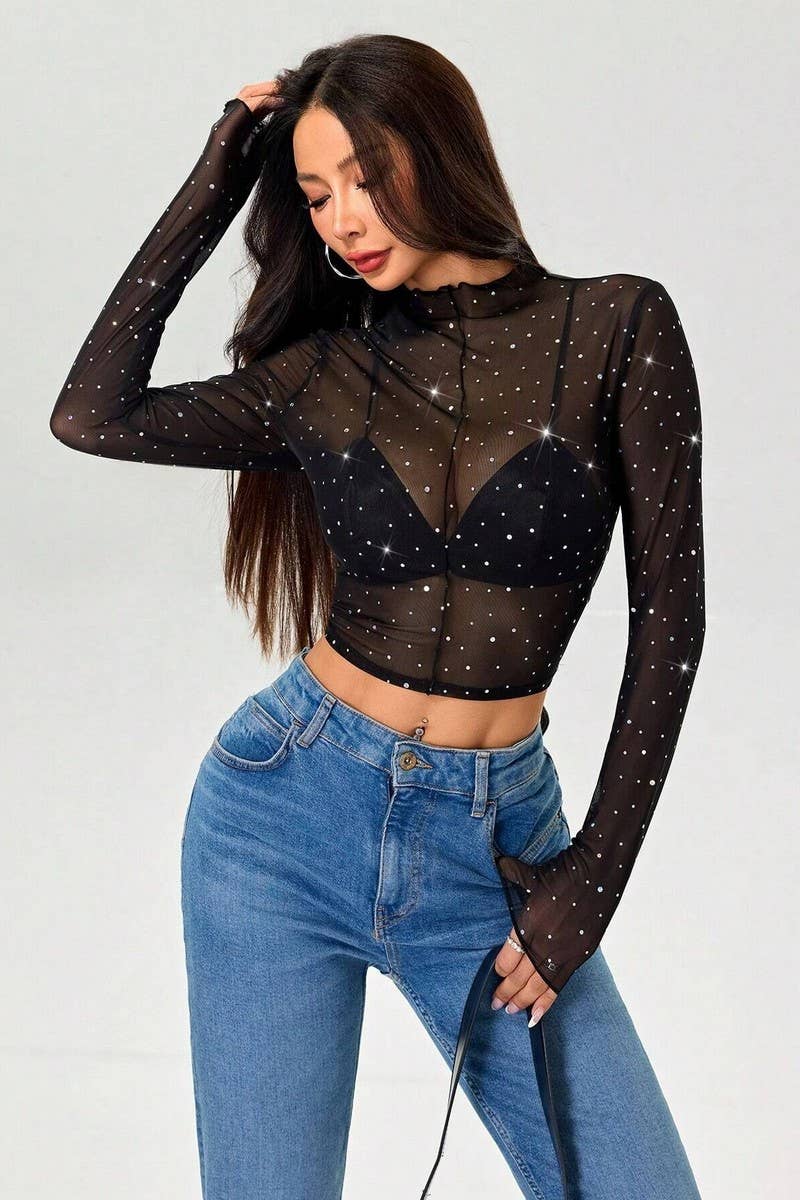 CWTBLL3929_SHEER MESH SEQUIN MOCK NECK LONG SLEEVE TOP