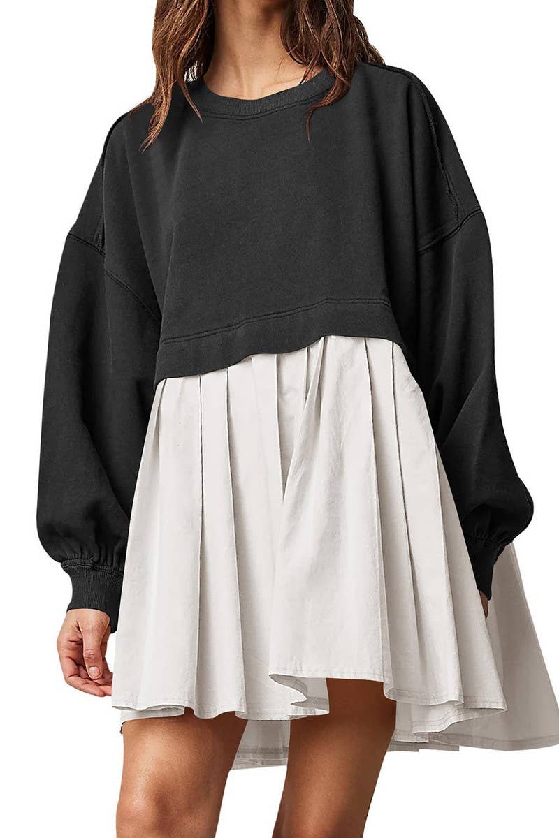 CWDSD10615_FAKE TWO-PIECE COLORBLOCK LOOSE PLEATED DRESS